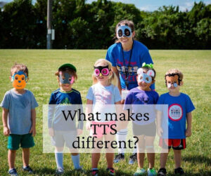 young soccer players in masks with coach. text reads what makes Tiny Troops Soccer different?